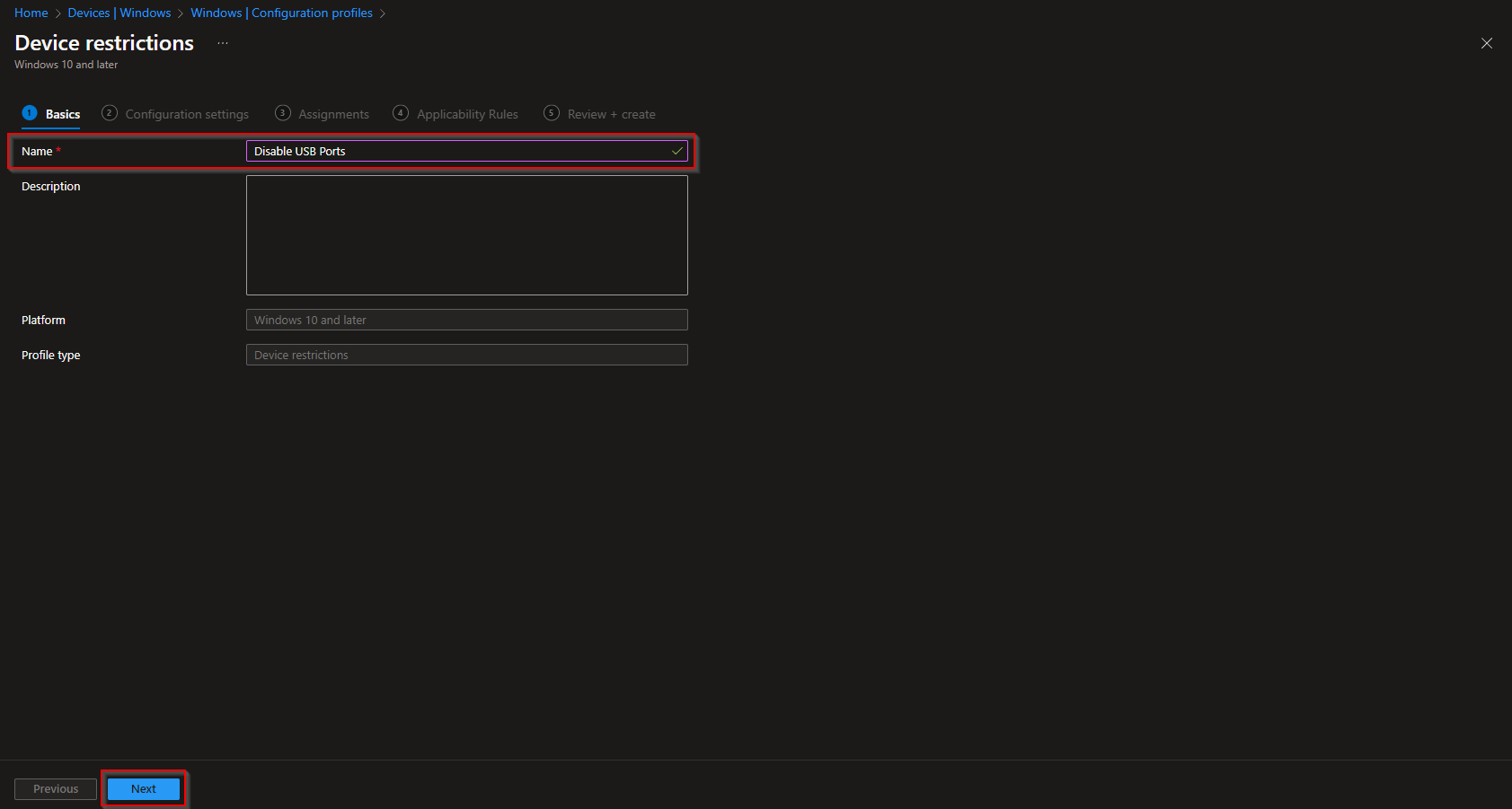 Configuration profile Basics tab with profile name